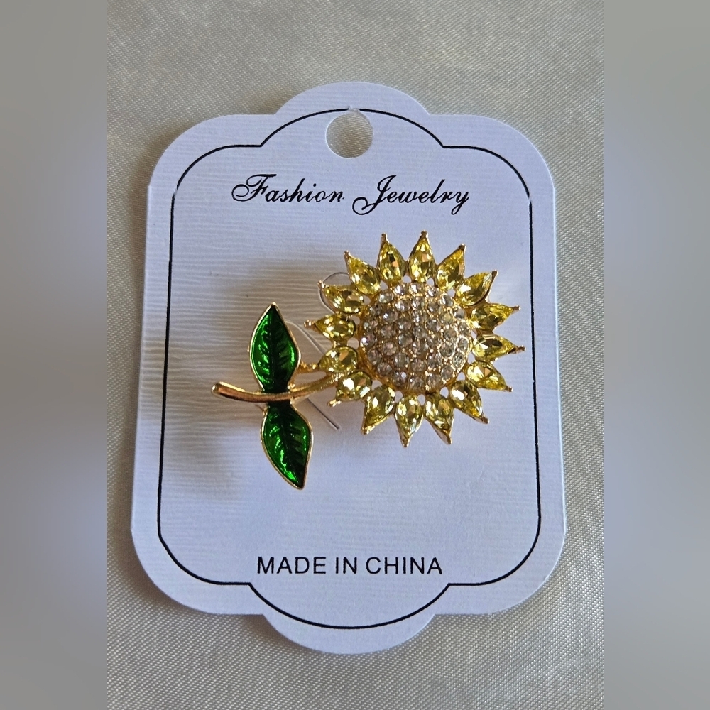 Yellow Sunflower Brooch with Green Leaves